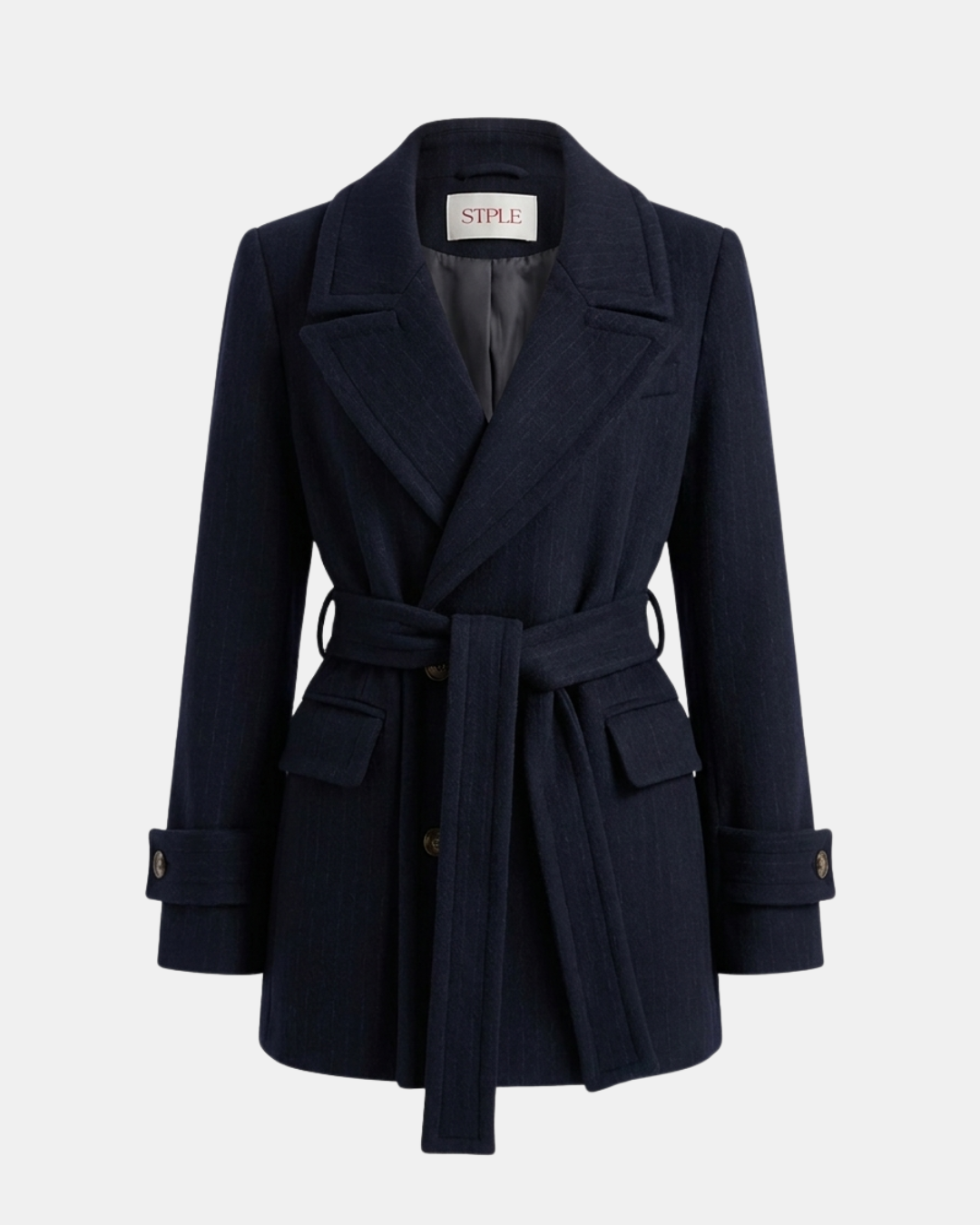 DOUBLE-BREASTED SHORT COAT IN NAVY AND GREY STRIPE