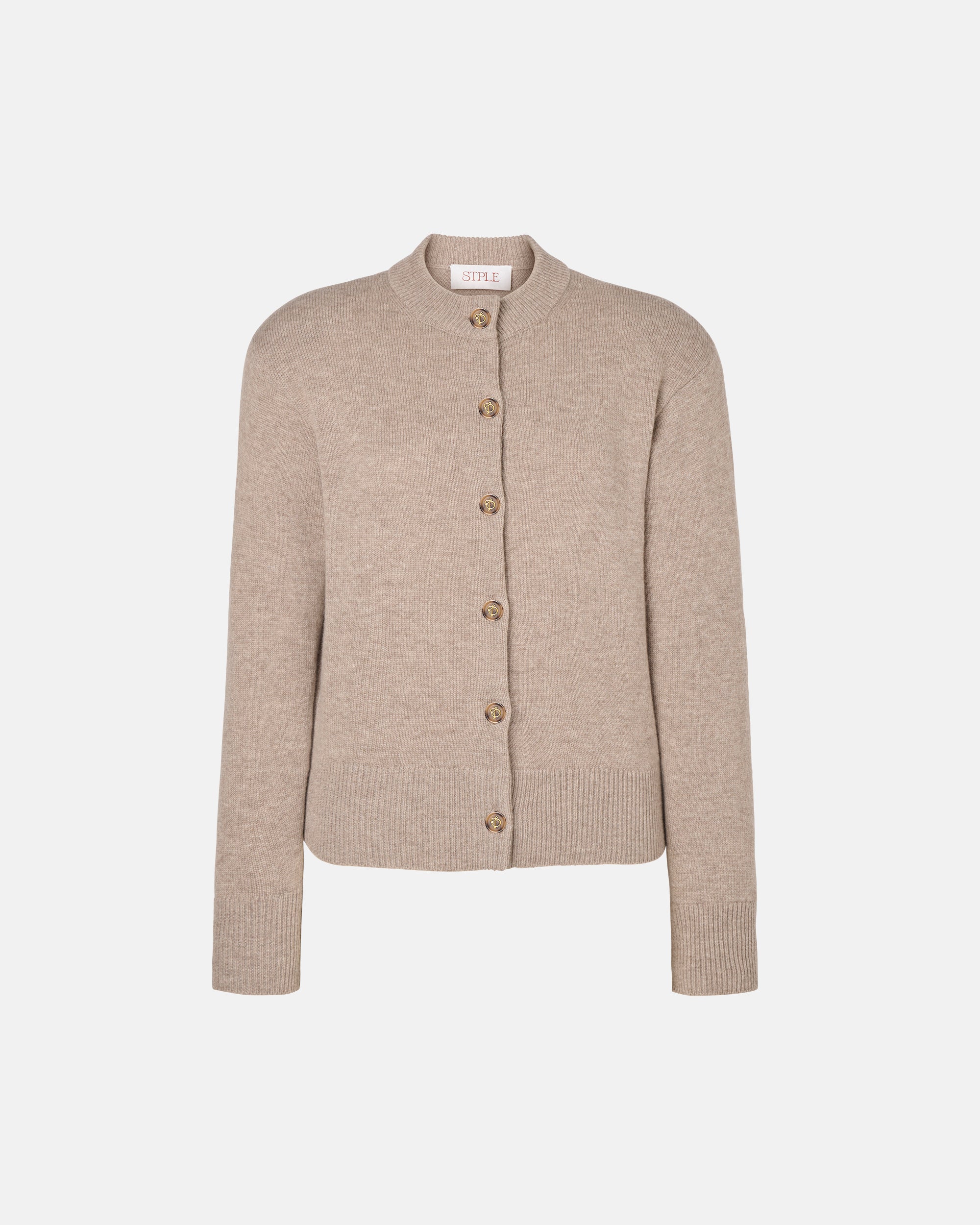 HIGH-NECK KNIT CARDIGAN IN FLAX