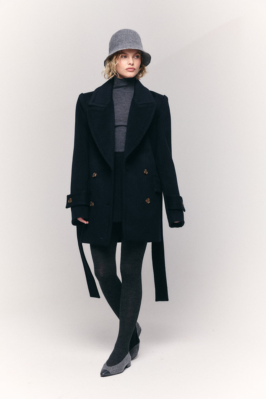 DOUBLE-BREASTED SHORT COAT IN NAVY AND GREY STRIPE