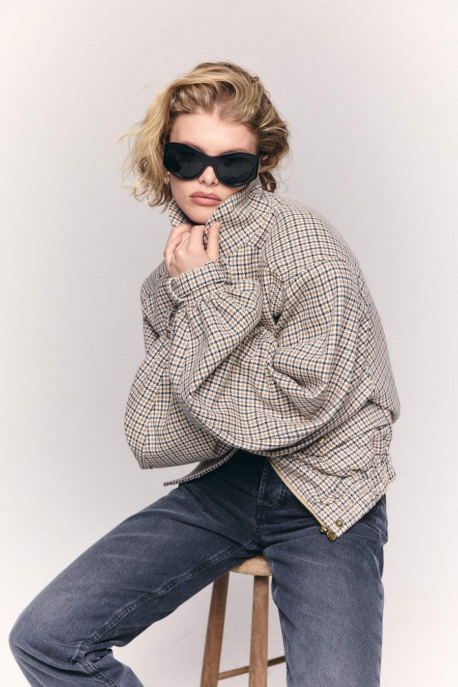 CROPPED BOMBER JACKET IN HOUNDSTOOTH